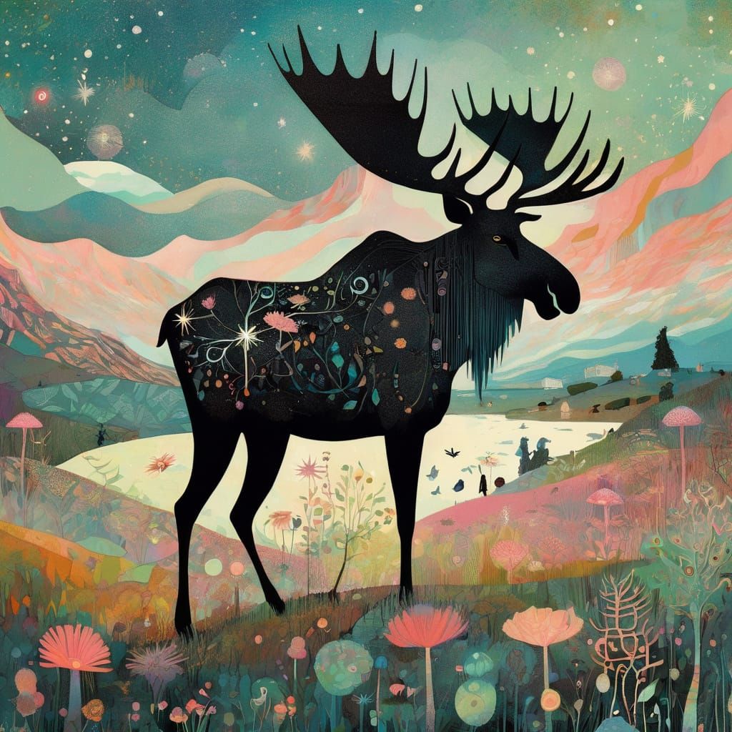 Charming Moose in Pastel Colors, Whimsical Illustration