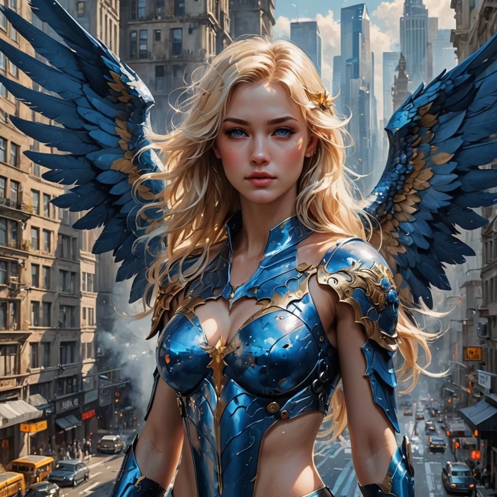 Blue Angel Portrait with City Background in Splash Art