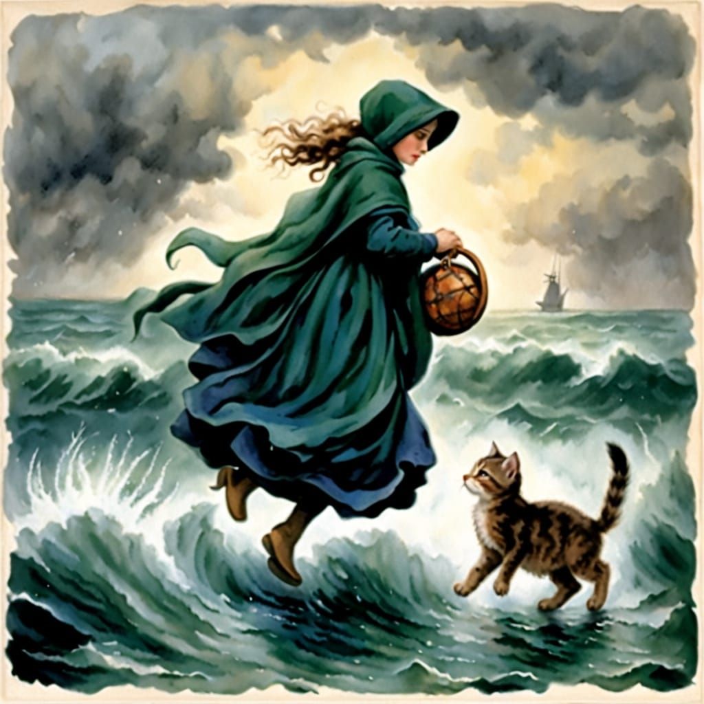 Courageous Woman Shields Kitten from Stormy Seas in Vibrant ...