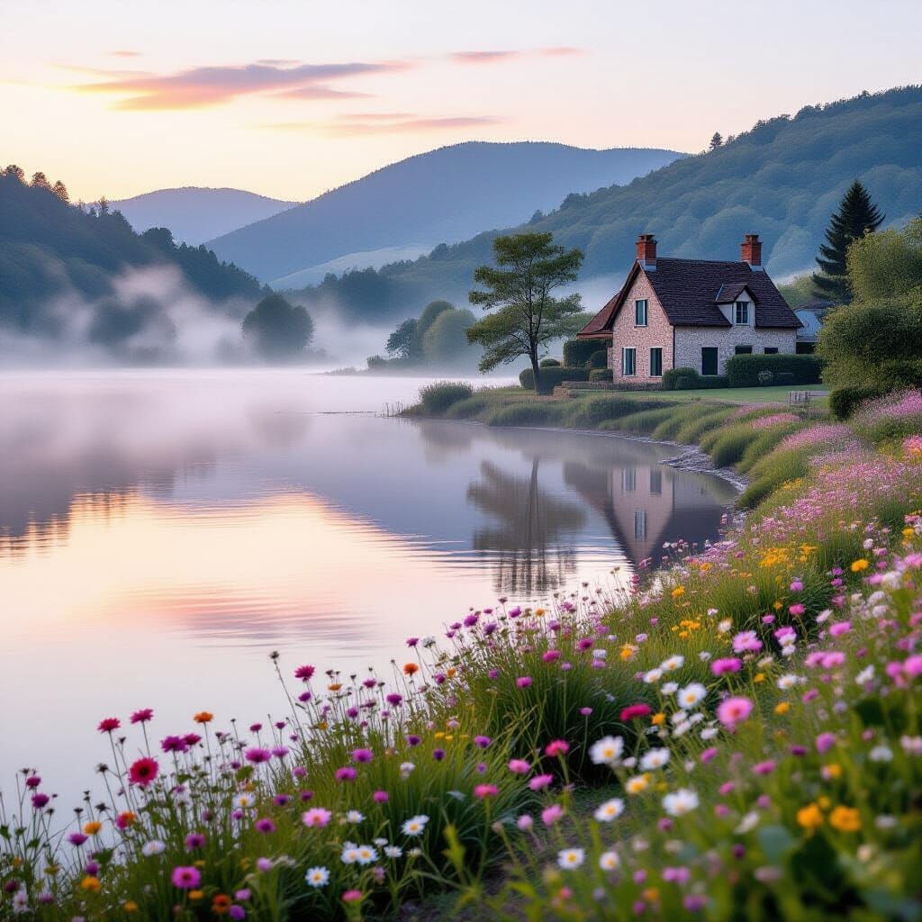 Serene Lakeside Dawn with Cottage and Wildflowers
