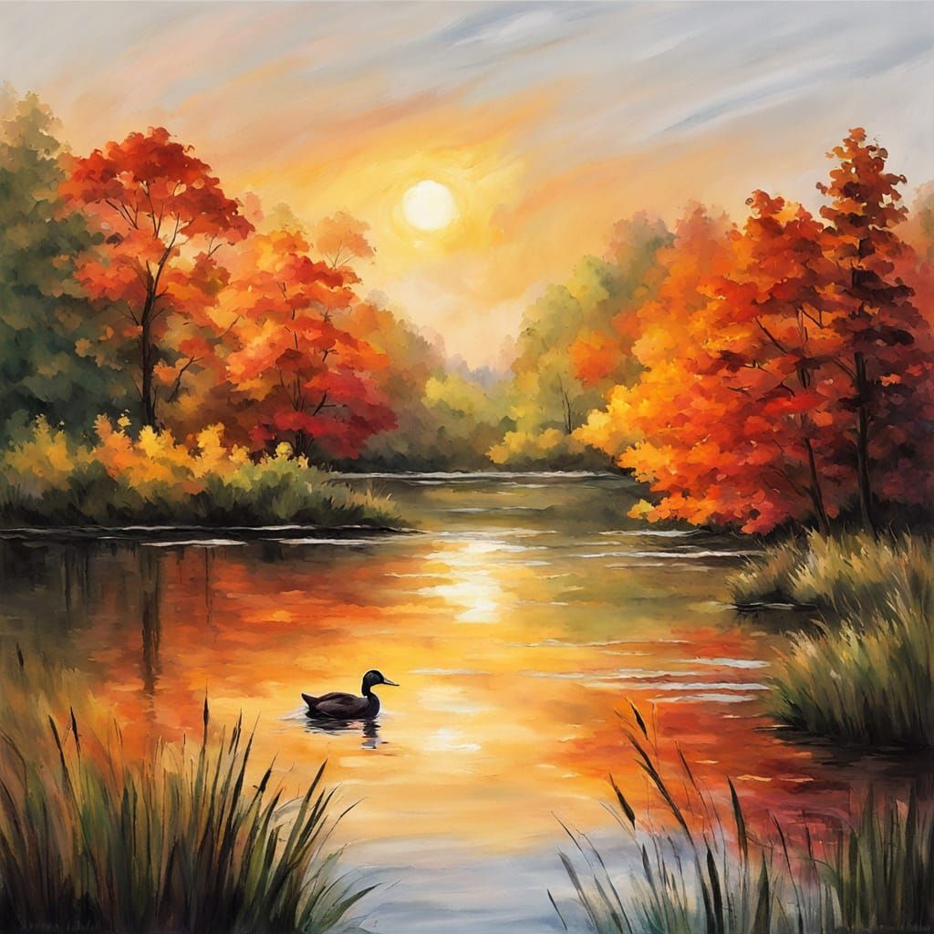 Impressionist Duck Reflecting Autumn Colors
