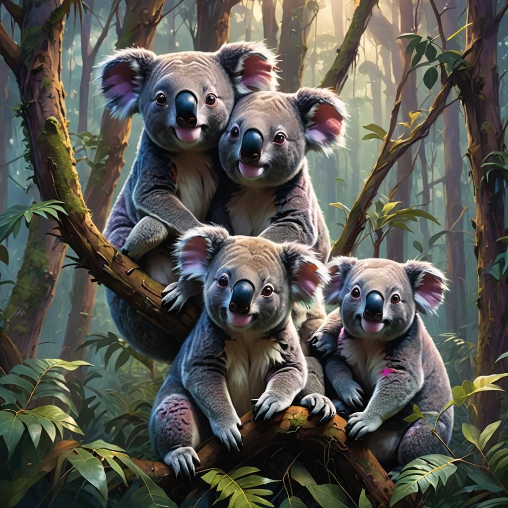 Koala Family in Eucalyptus Forest: Fantasy Concept Art