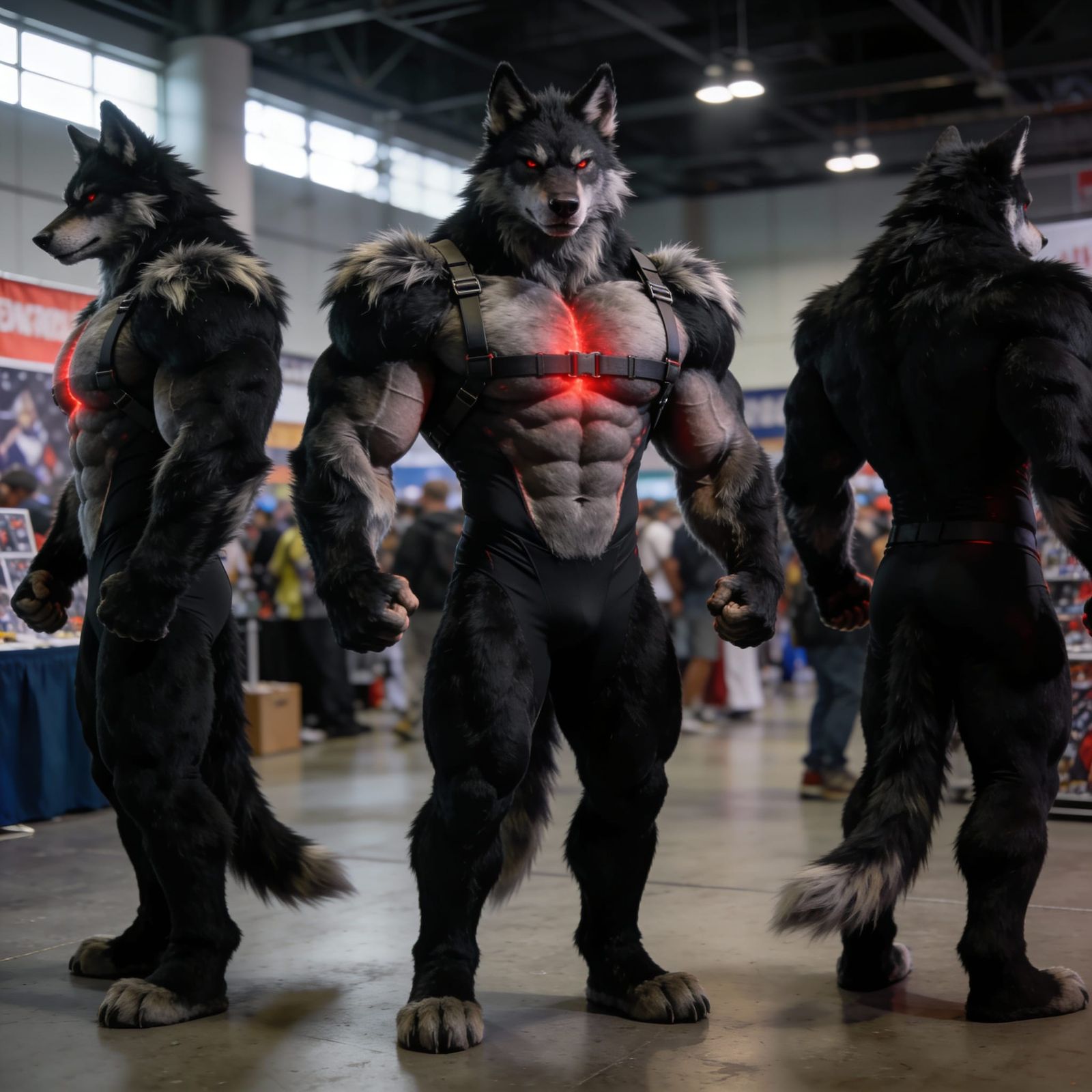 Muscular Wolf Fursuit Bodybuilder in Convention Center