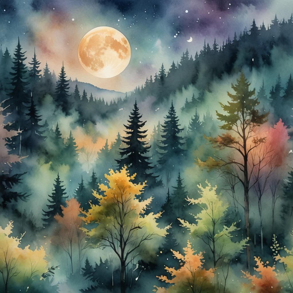 Ethereal Moonrise Landscape in Watercolor Style