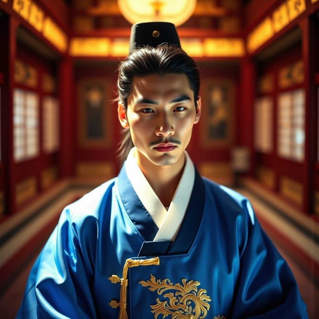 Elegant Korean Prince in Blue Hanbok Attire, Royal Palace Se...