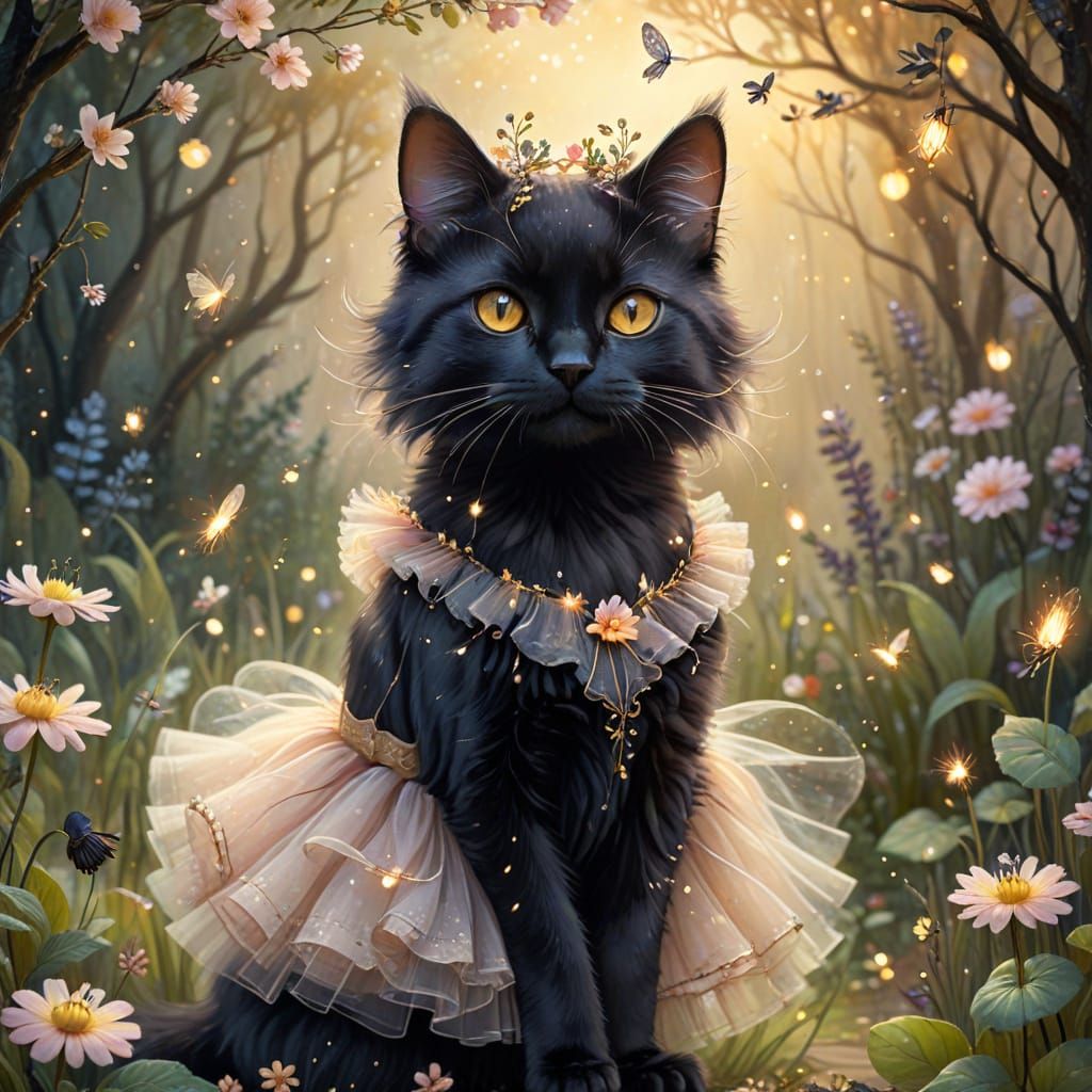 Black Cat Ballerina in Mystic Garden Watercolor