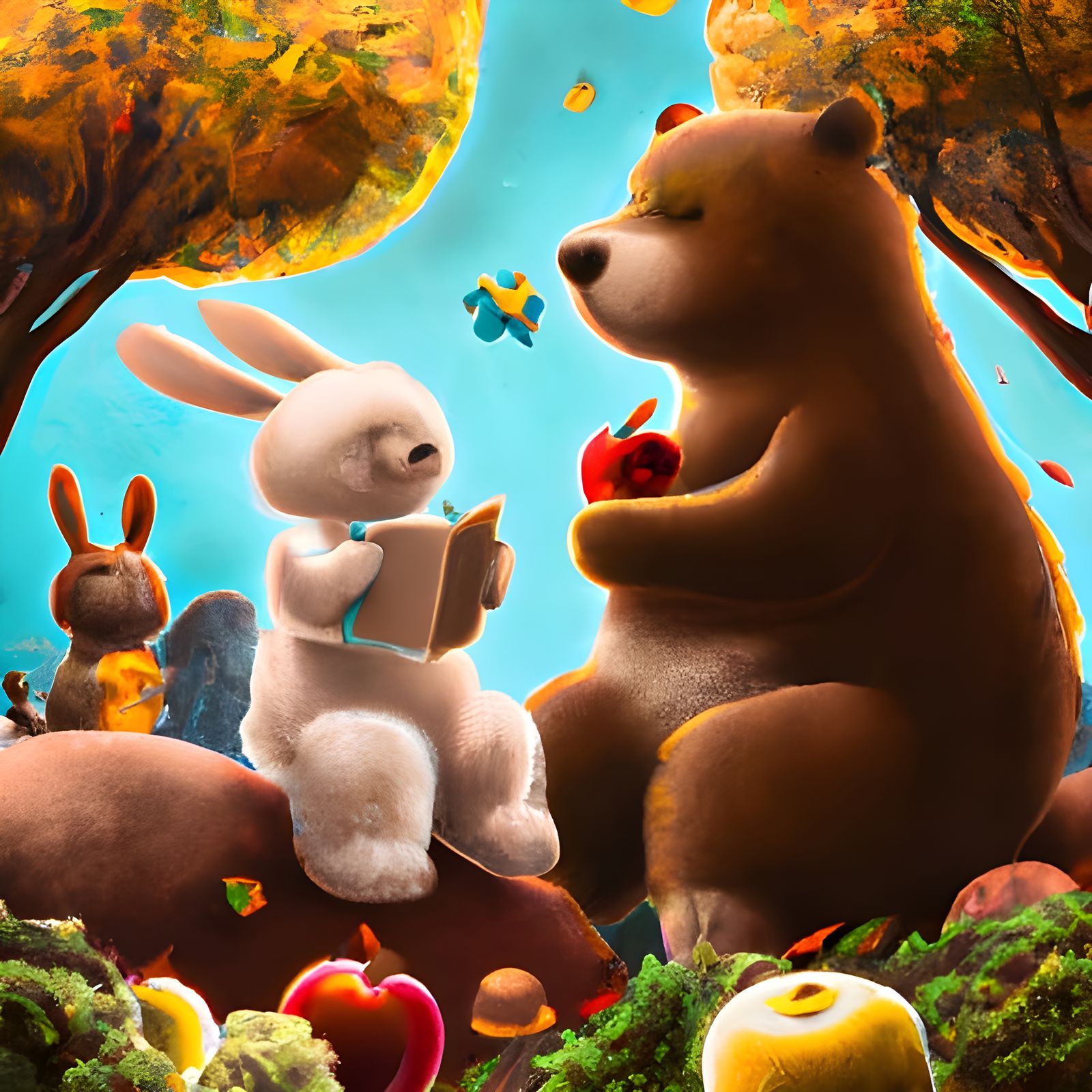 Cute Bunny and Bear Share Apple, Studio Ghibli Style
