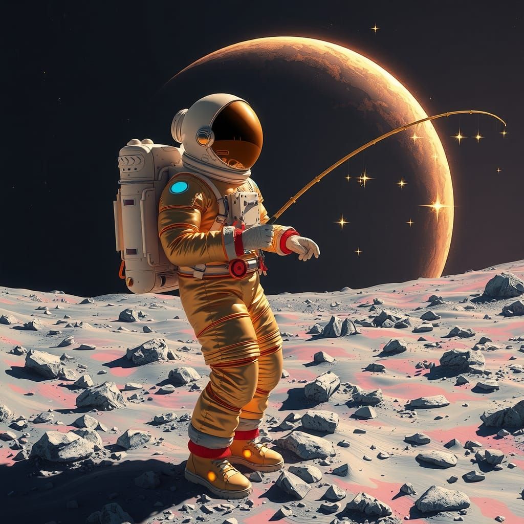 Cosmonaut Fishing for Stars on the Moon