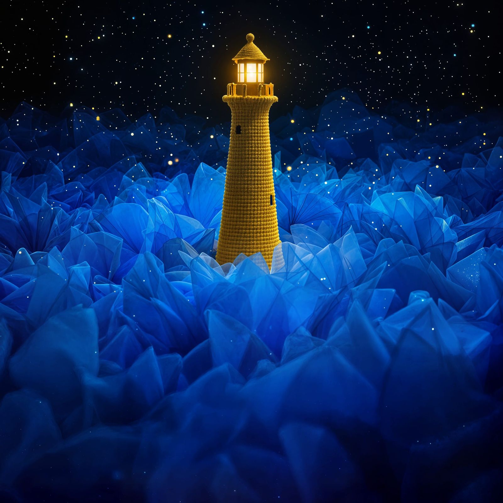 Whimsical Yellow Lighthouse in Dreamy Tulle Landscape