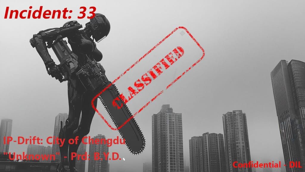 Menacing Robot with Chainsaw in Cyberpunk Film Still