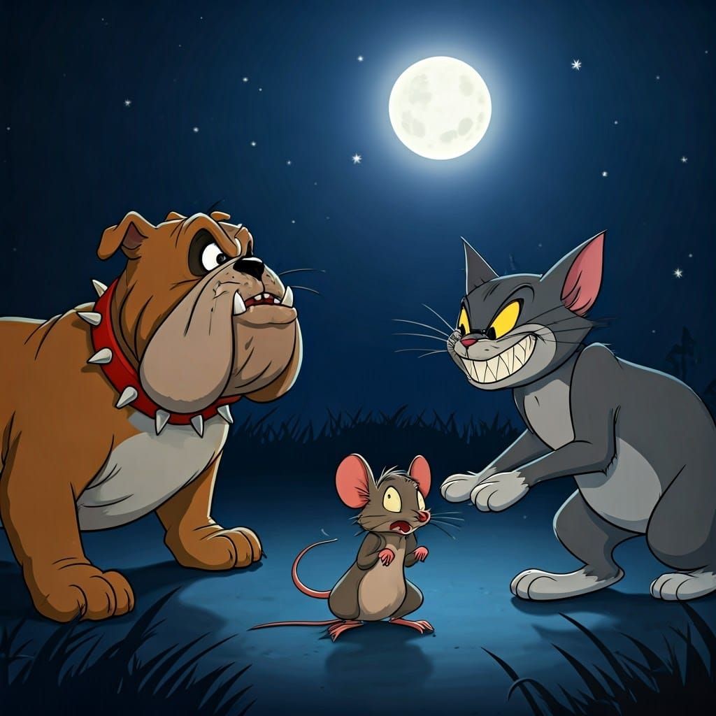 Cartoon Mouse and Cat Chase Under Starry Night