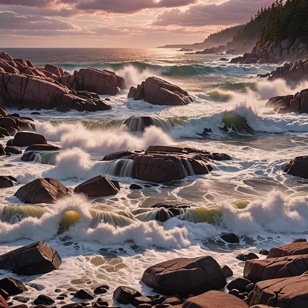 Acadia Seascape with Pink Clouds in Detailed Matte Painting
