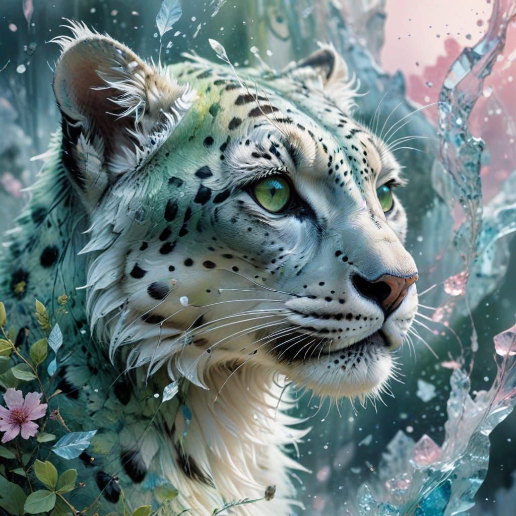 Ethereal Green Eye Snow Leopard Cub in Icy Wonderland