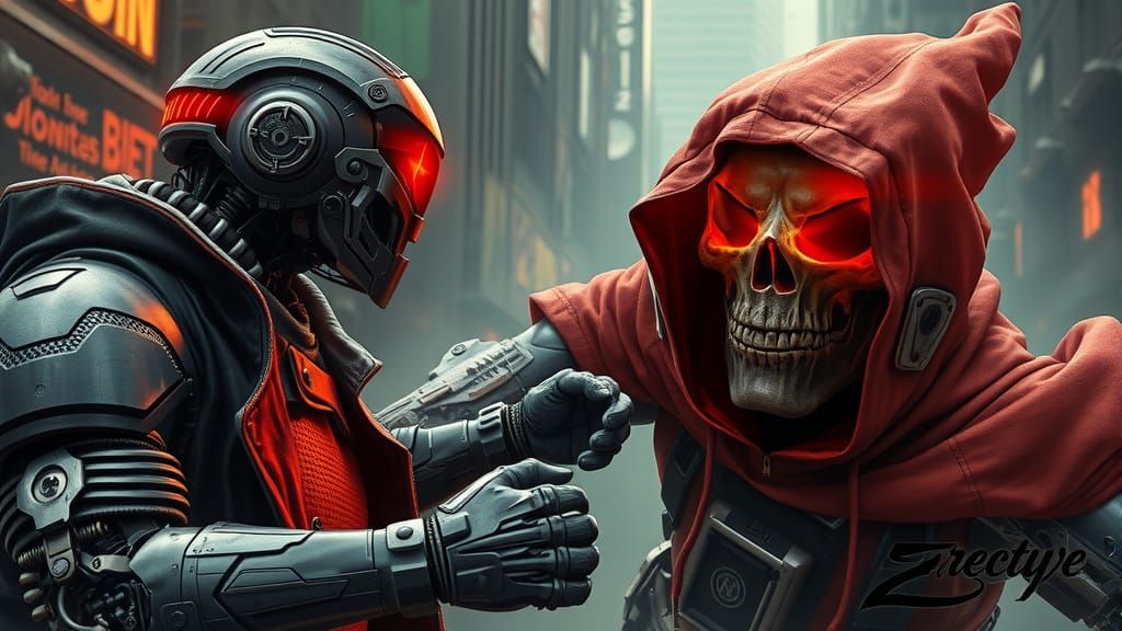 Cyborg vs Robot: Futuristic Battle in Cyberpunk Style