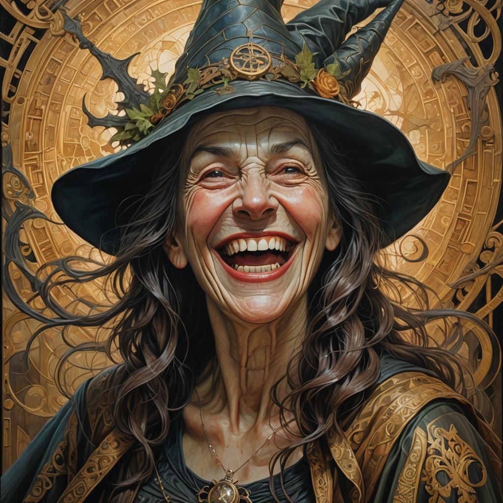 Laughing Witch Portrait in Oil on Canvas Style