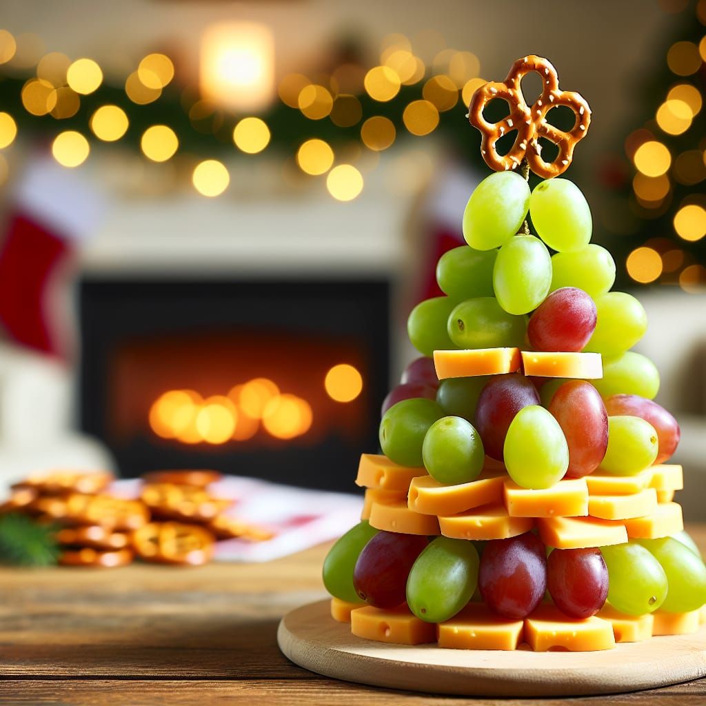 A Christmas tree made of Cheese decorated with green and red Grapes, Pretzels at the Place of ornaments. Background a bl...