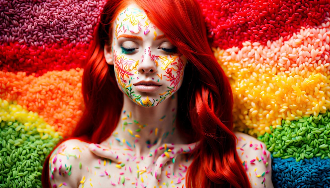 Rainbow Rice Collage of a Red-Haired Woman