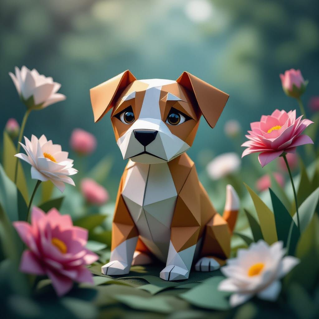Origami Dog in Surreal Paper Flower Landscape