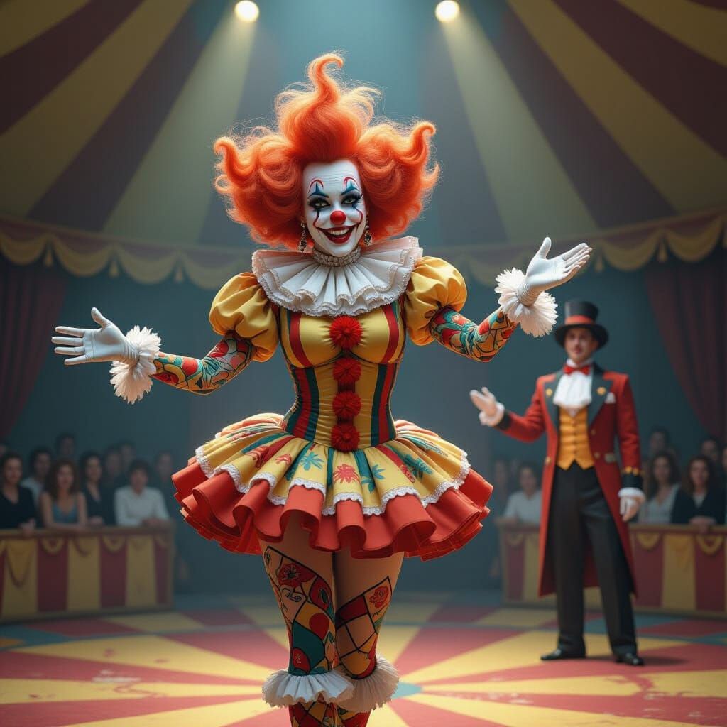 A female clown all of her make up and costume are body-paint, other than a large orange wig and red nose, dancing under ...