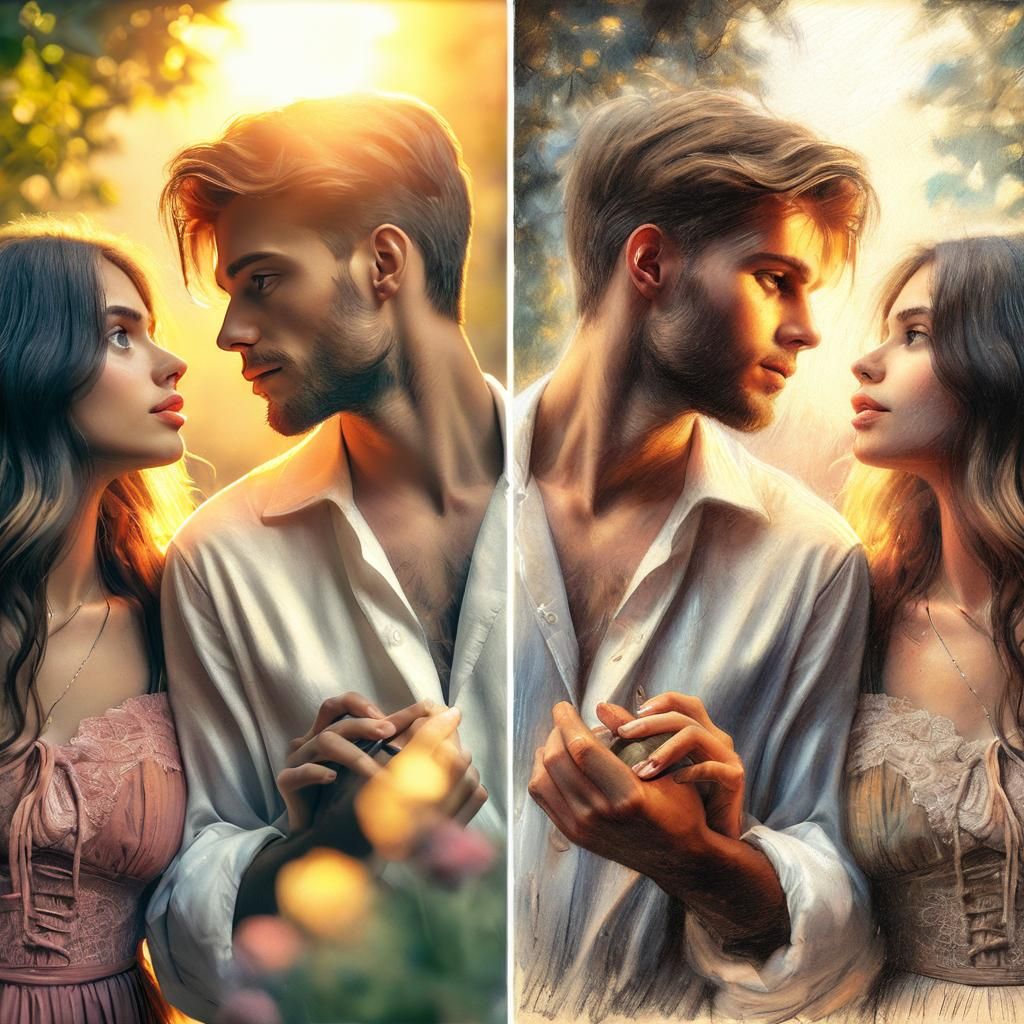 Romantic realism. Medium shot. A couple in a warm outdoor setting holding hands and gazing into each other's eyes. Detai...