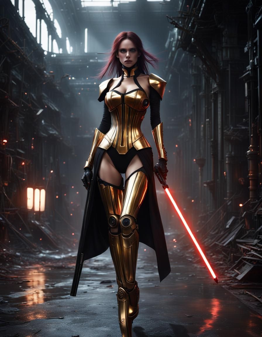 Golden Robot Anime Girl with Lightsaber