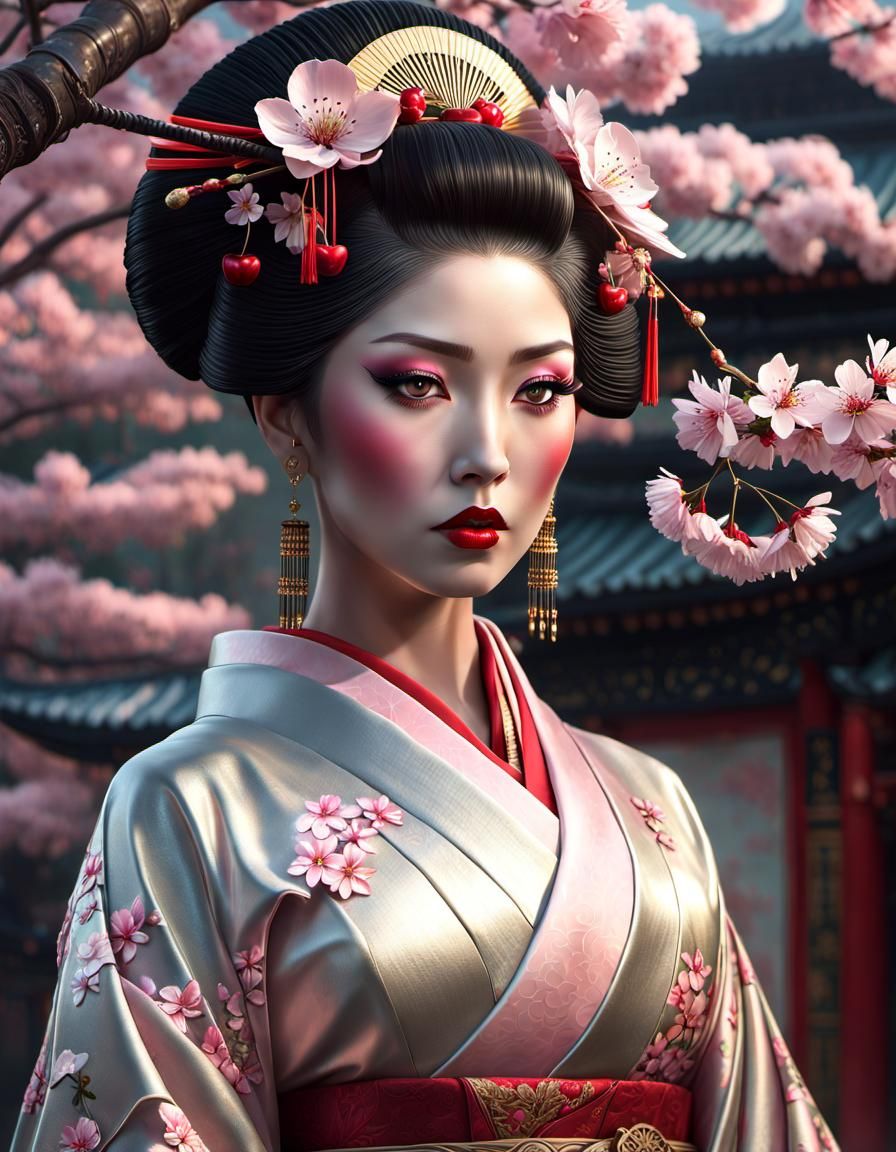 Ethereal Cherry Blossom Geisha in Digital Illustration