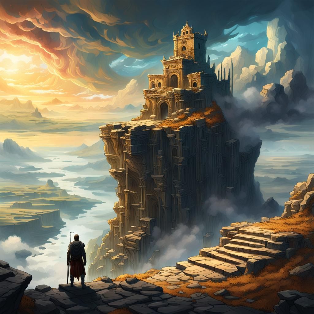 Ancient Being Overlooks Ruined Landscape in Fantasy Art