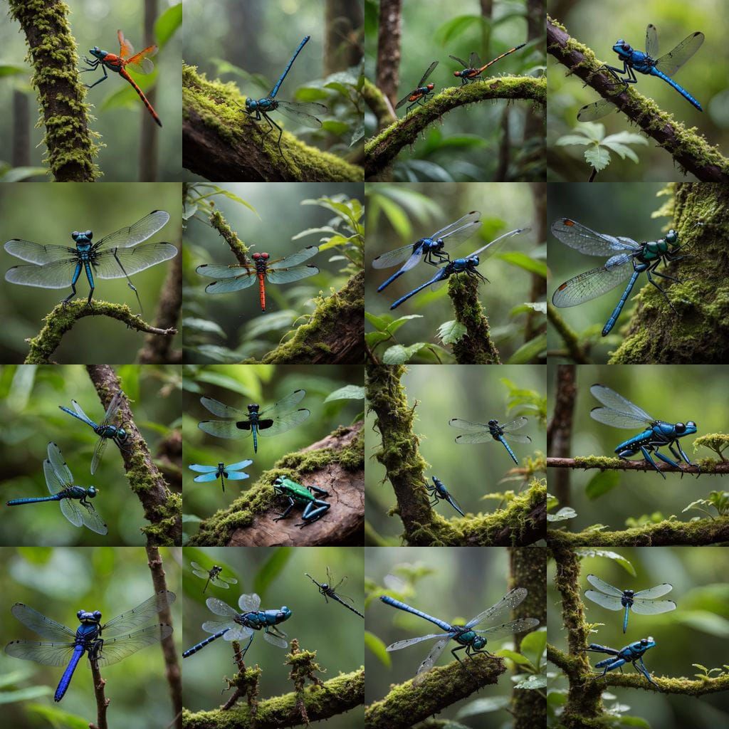 Dragonflies Dance Amidst Rainforest Frogs in a Serene Tropic...