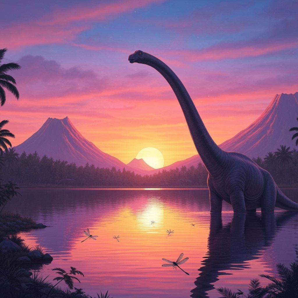 Jurassic Sunset with Brontosaurus in Surreal Style