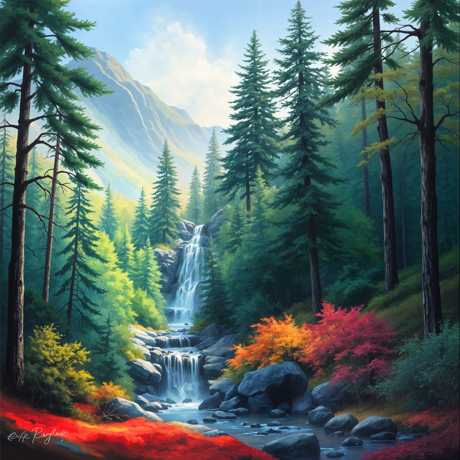 Tranquil Forest Waterfall Landscape in Bold Airbrush Style