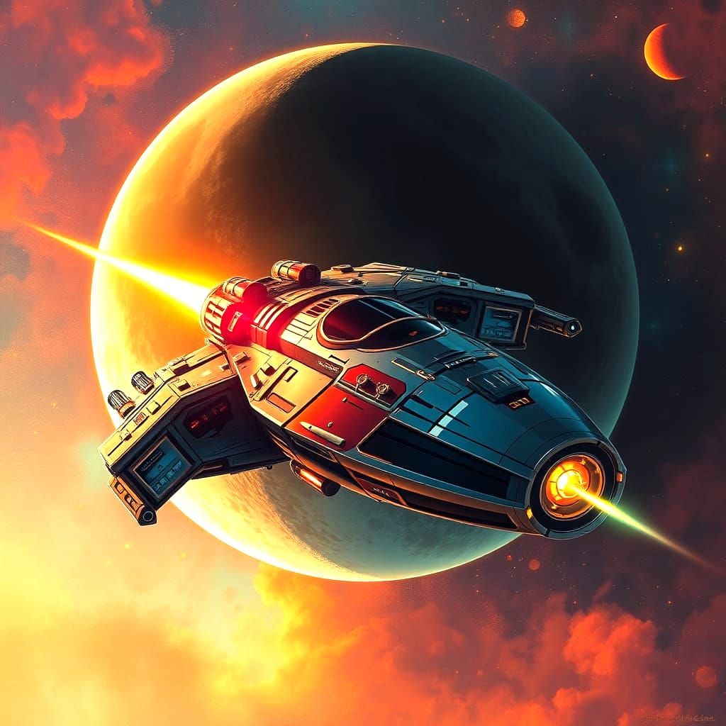 Rocket Navigating the Moon in Dystopian Splash Art