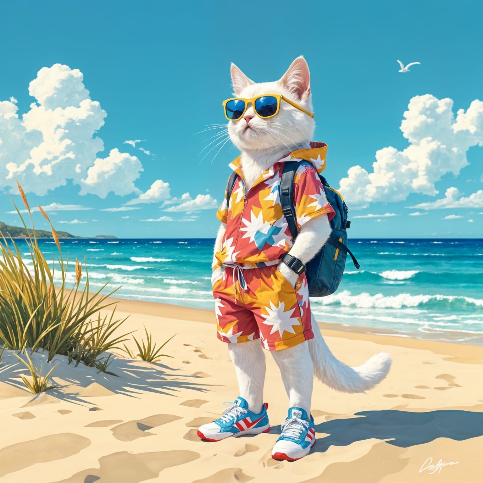 Anthropomorphic White Cat Observes Sea Horizon