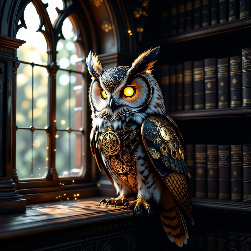 Steampunk Owl on Gothic Shelf: Clockwork Marvel