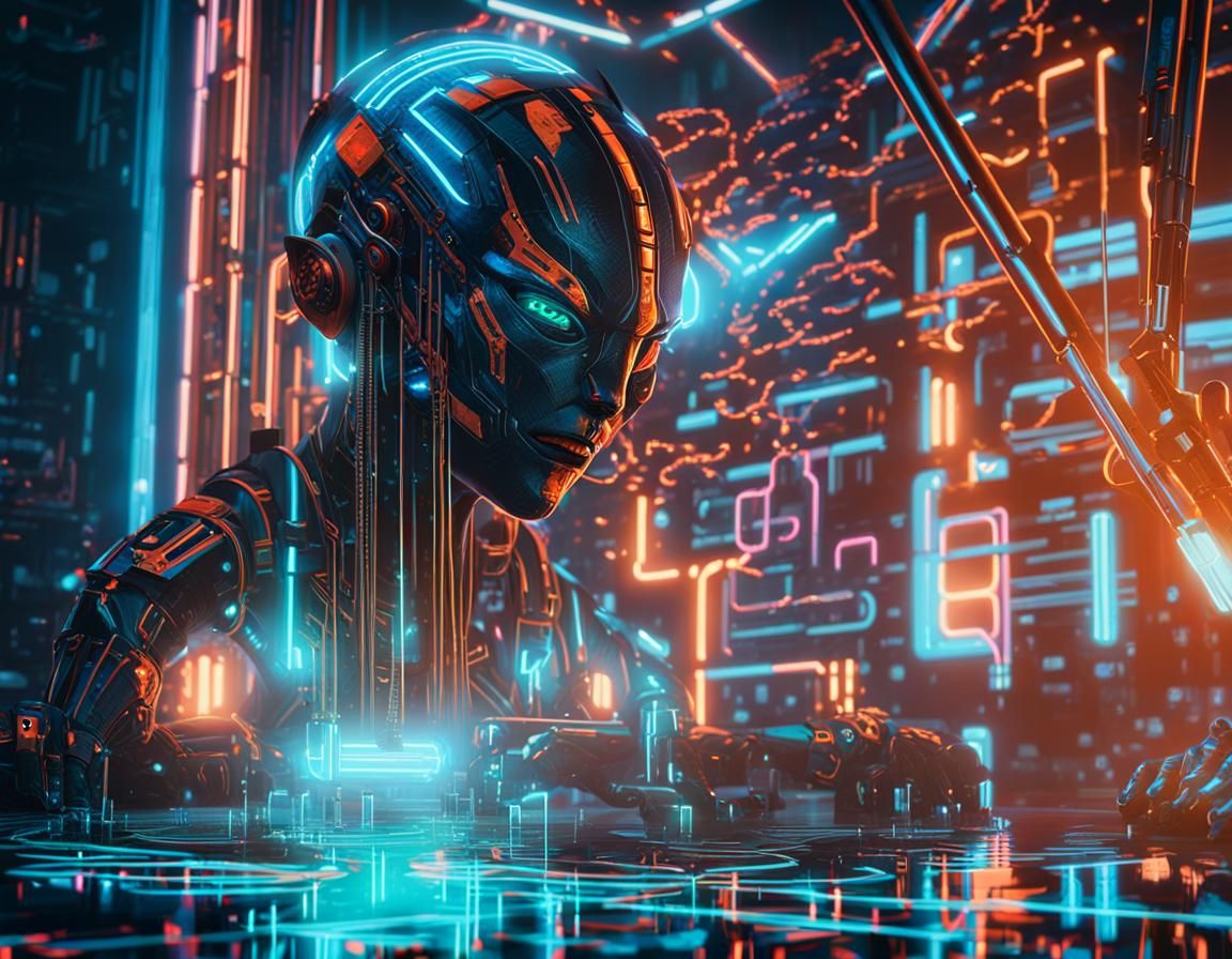 Alien in Cyberpunk Den: High-Tech Digital Art