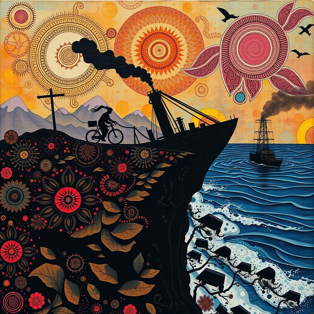 Ebike Silhouettes Amidst a Surreal Oil Ship Wreck