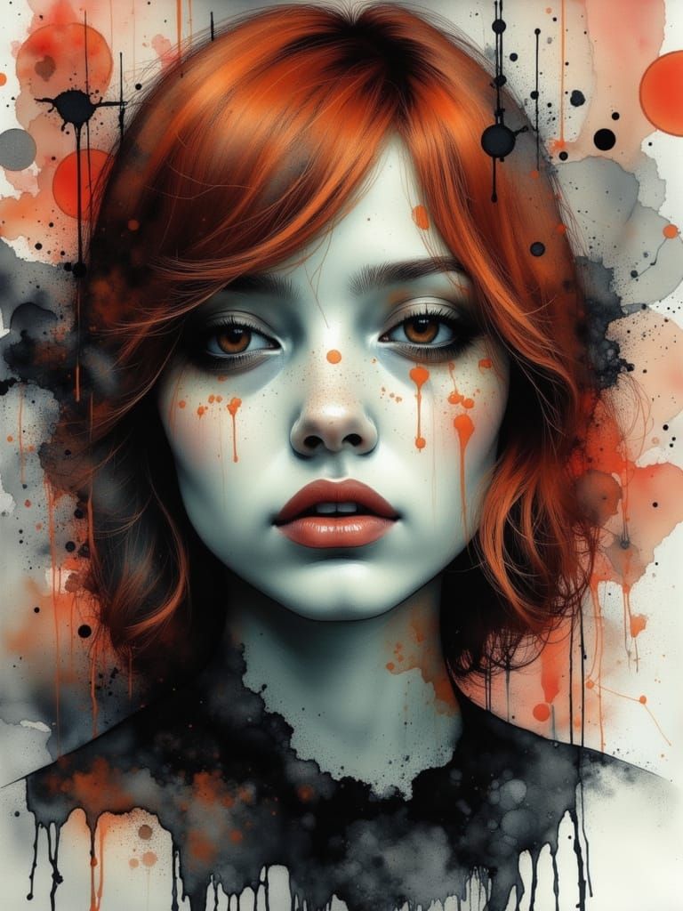 Melancholic Copper-Haired Woman in Neon Grunge Style