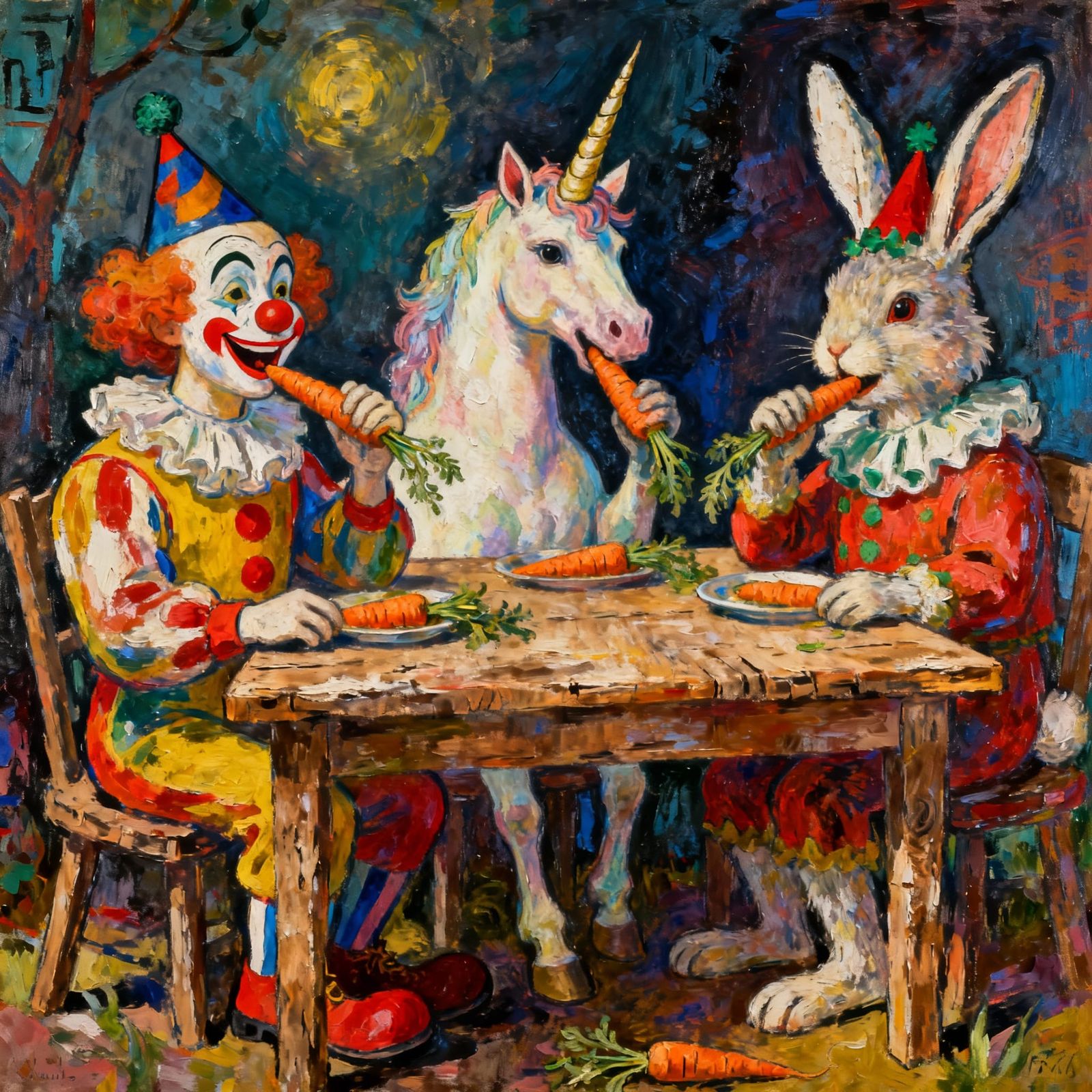 Art Brut Clown and Unicorn Enjoy Carrots with Rabbit