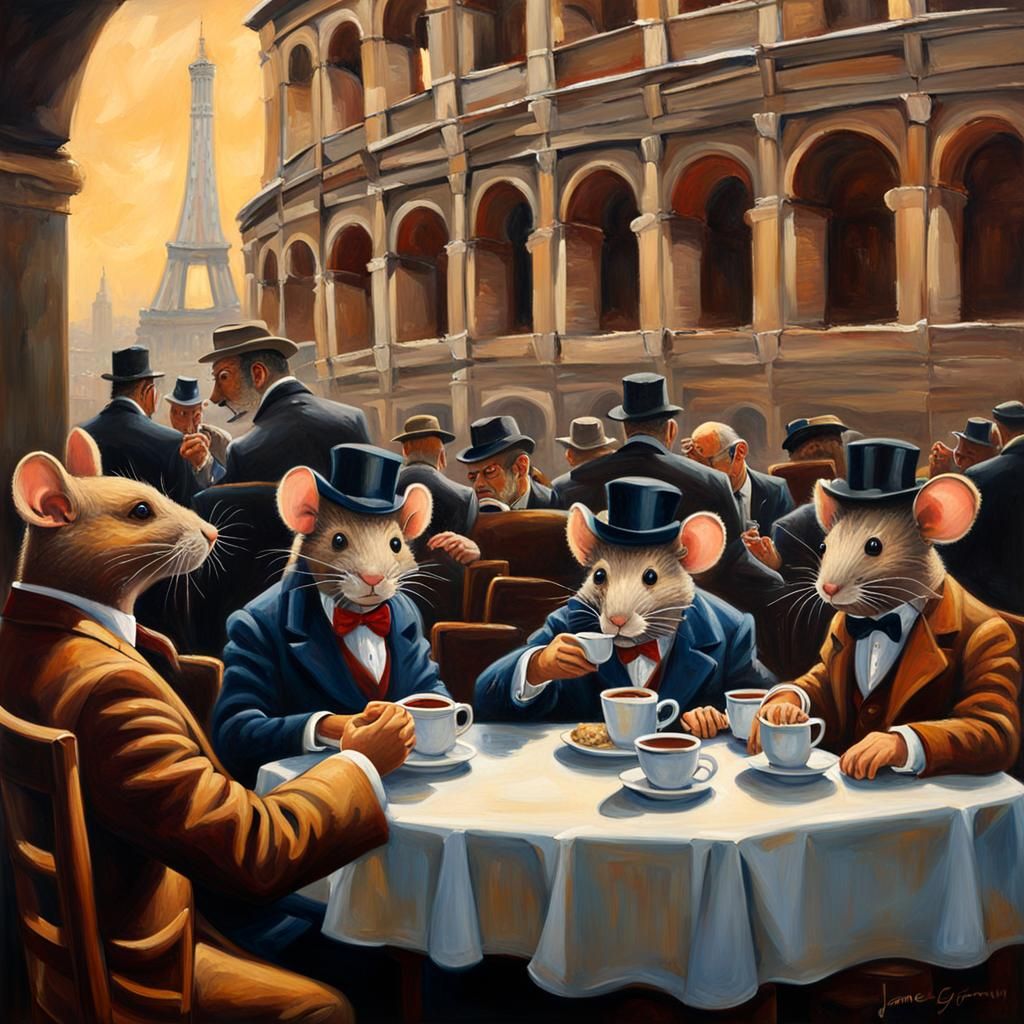 Mobster Mice Sip Tea in Italy: Oil Painting