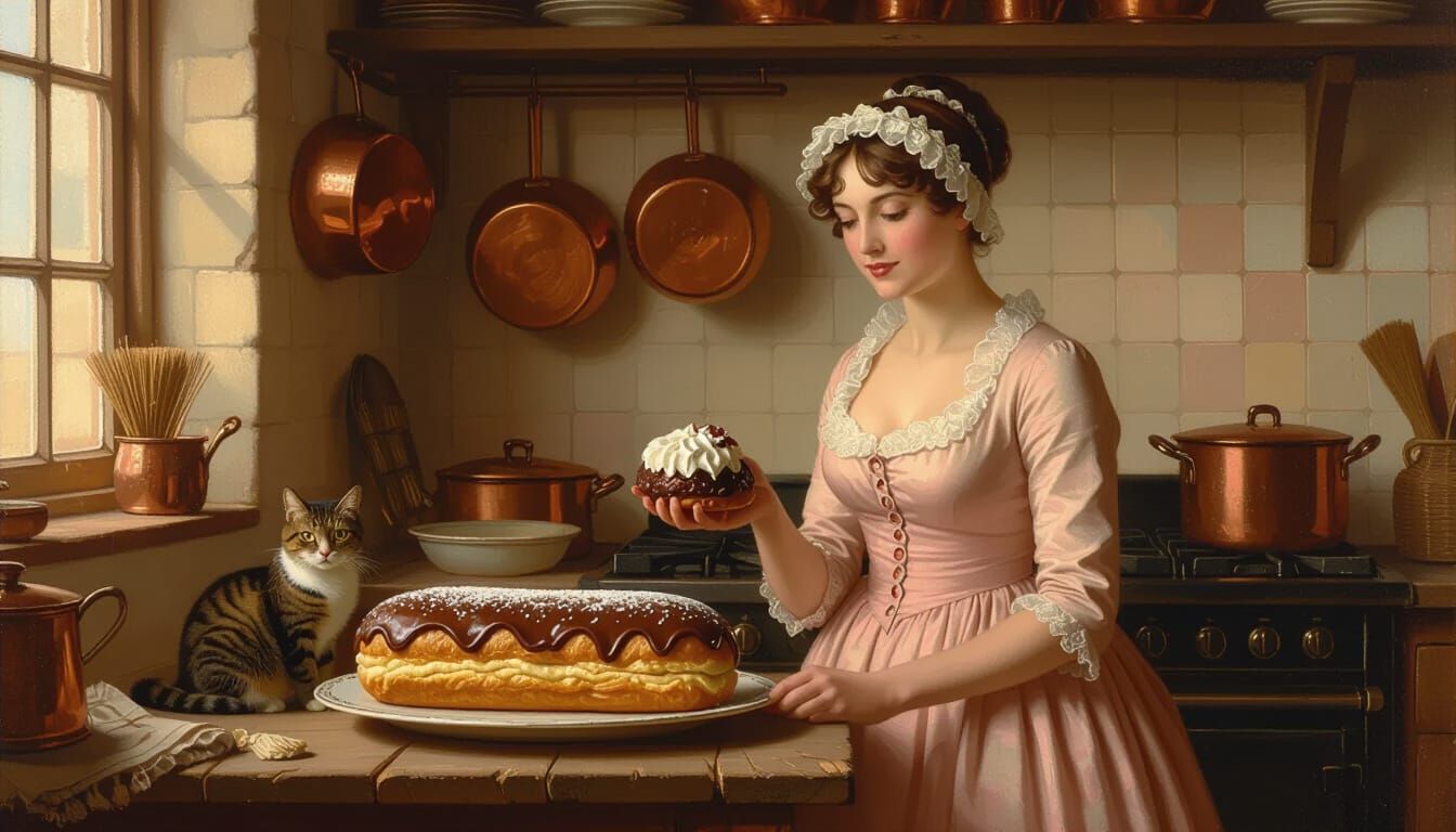 Georgian Kitchen Scene with Woman and Eclair, Oil Painting S...