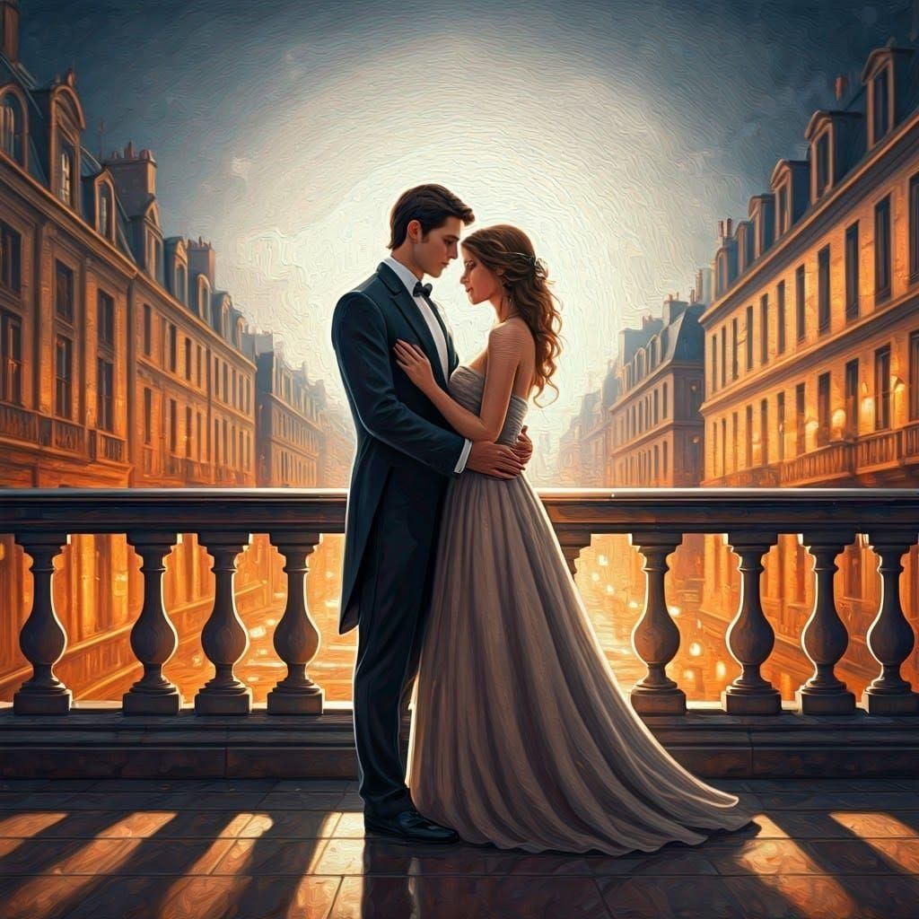 Romantic Couple on Balcony as Oil Painting