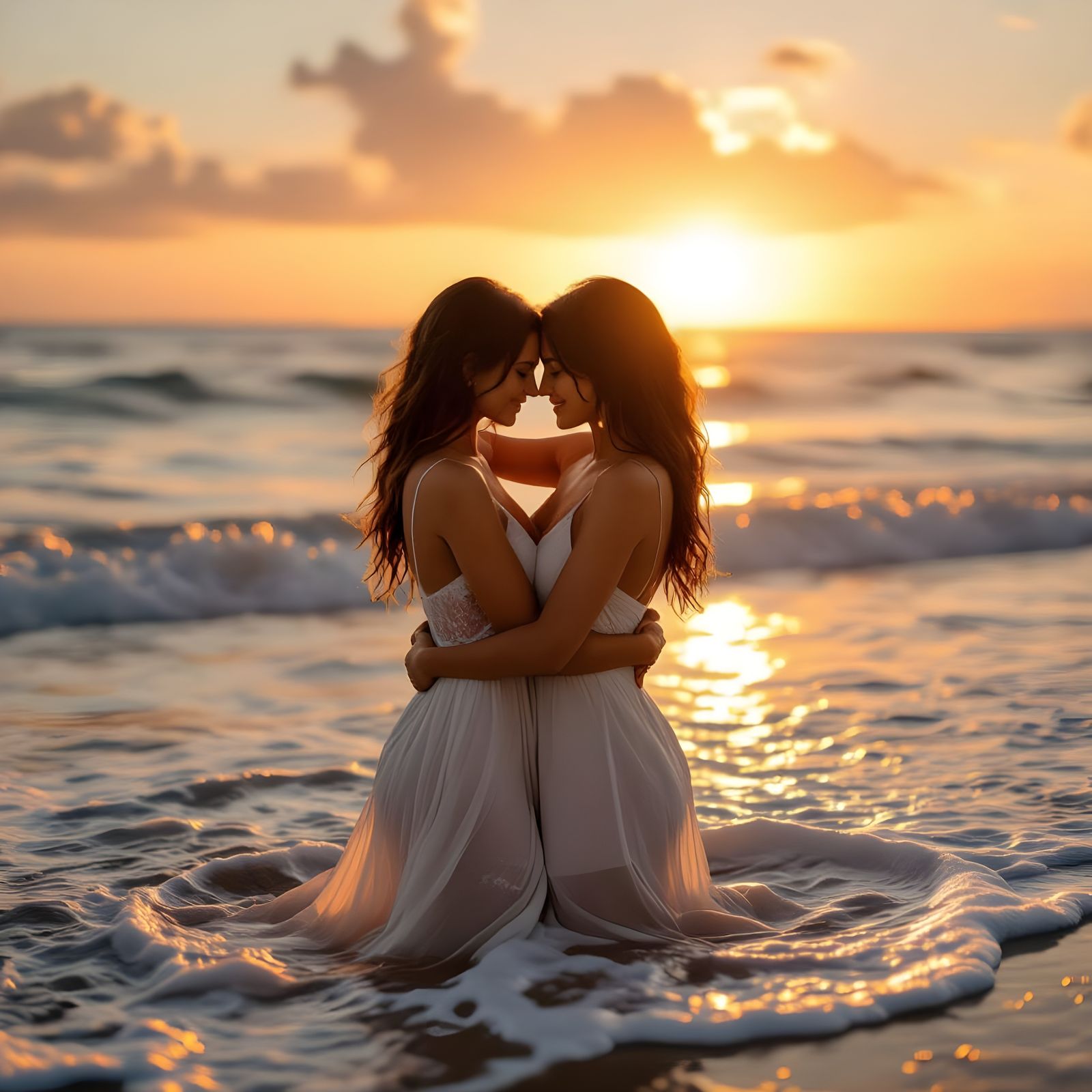 Romantic Embrace of Two Women on a Beach