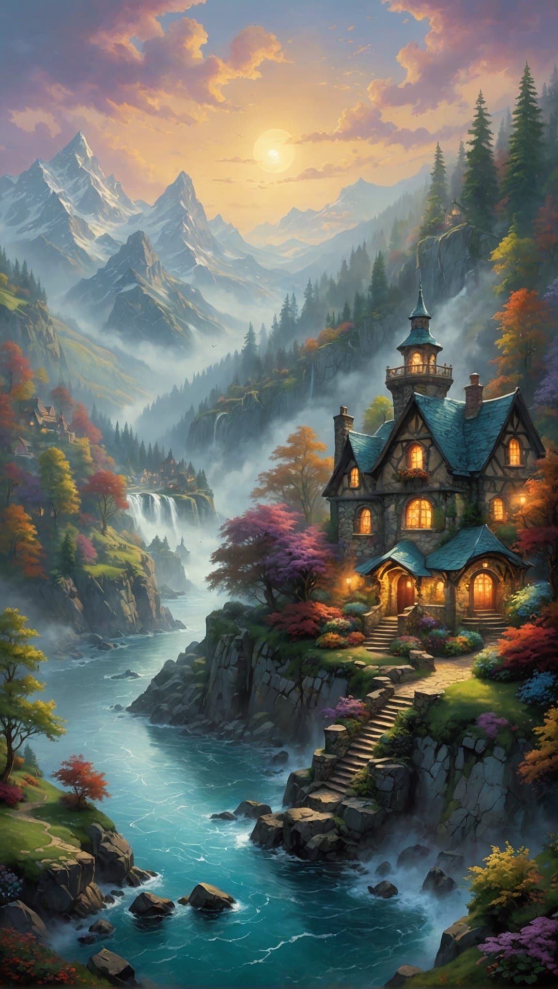 Ethereal Fantasy Landscape in Thomas Kinkade Style