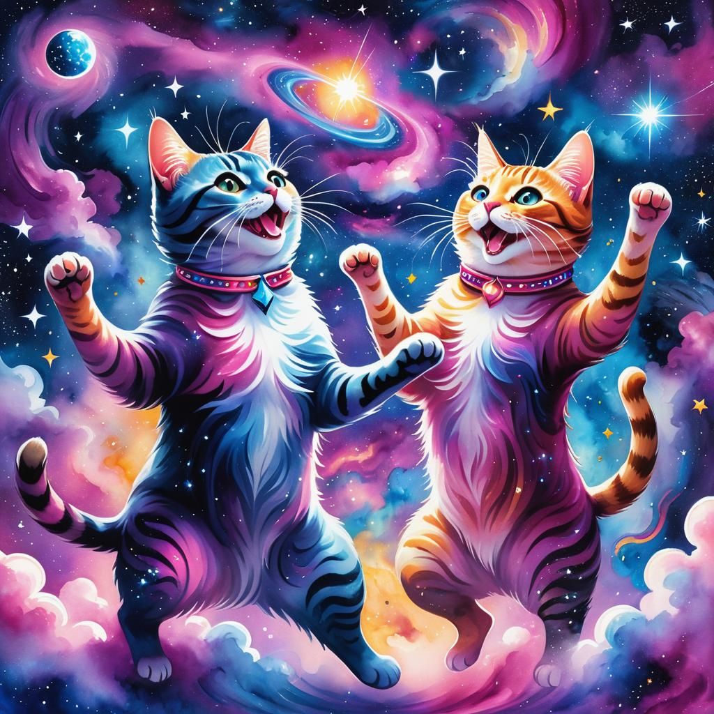 Dancing Cats in Astral Galaxy: Cosmic Watercolor Illustratio...