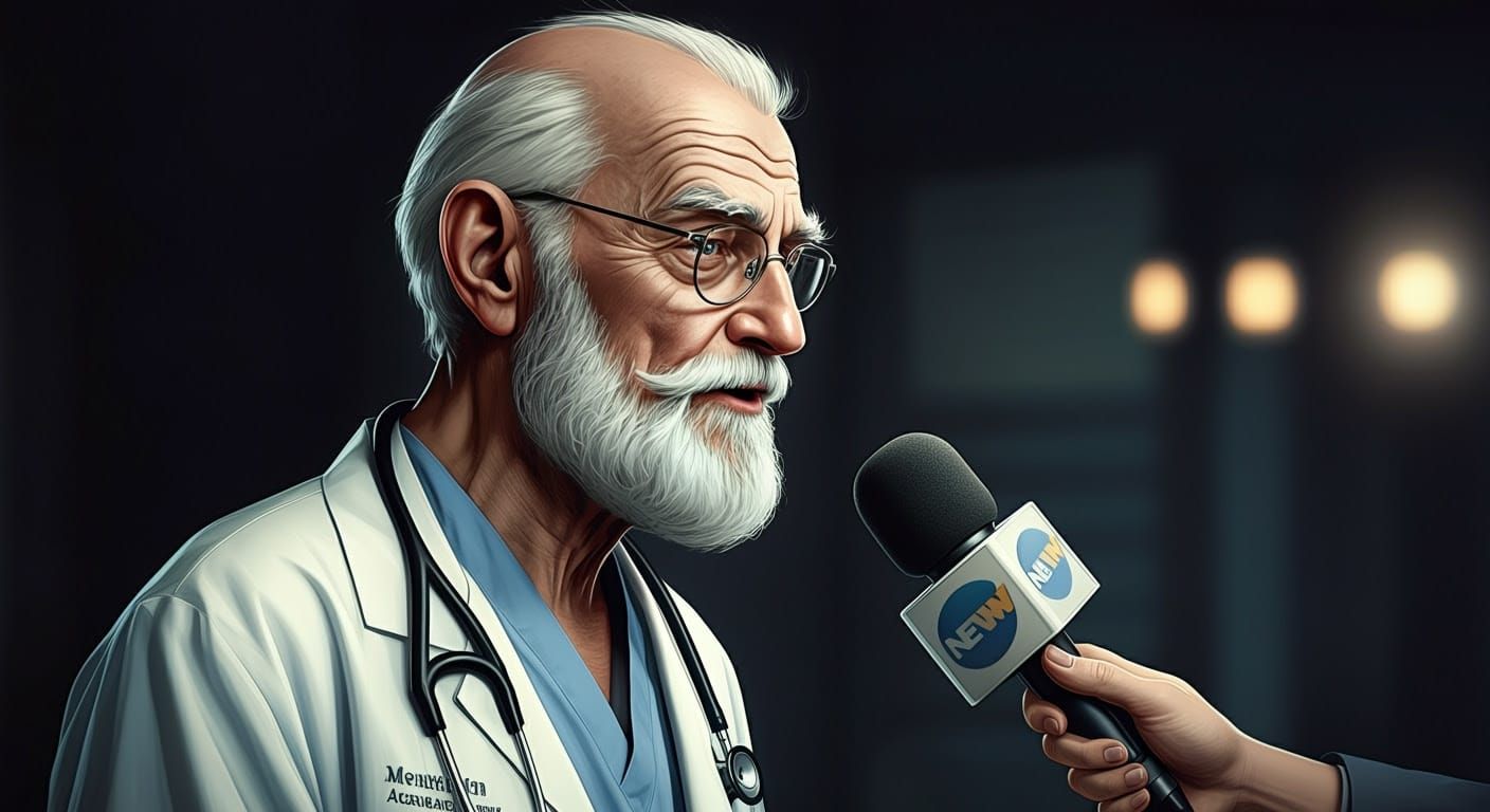 Serious yet Humorous Portrait of an Elderly Surgeon in Comic...