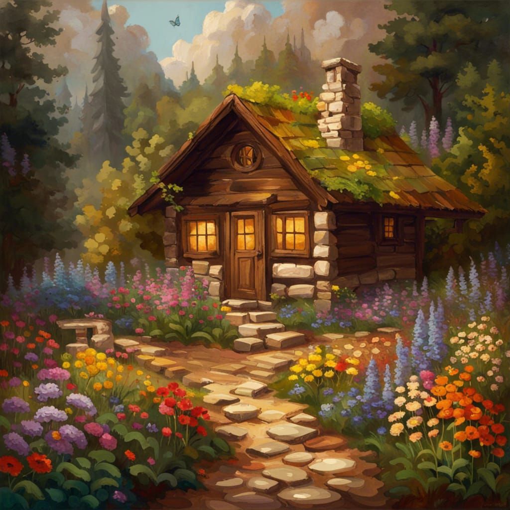 Cabin in Woods Surrounded by Flowers: Impasto Gouache