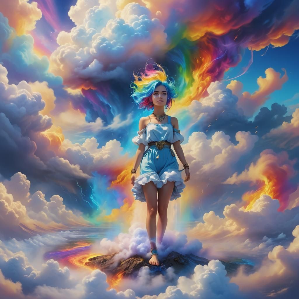 Rainbow Haired Woman Amidst Blue Fire Clouds