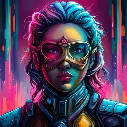 Cyborg Girl Portrait in Neon City Graffiti Art