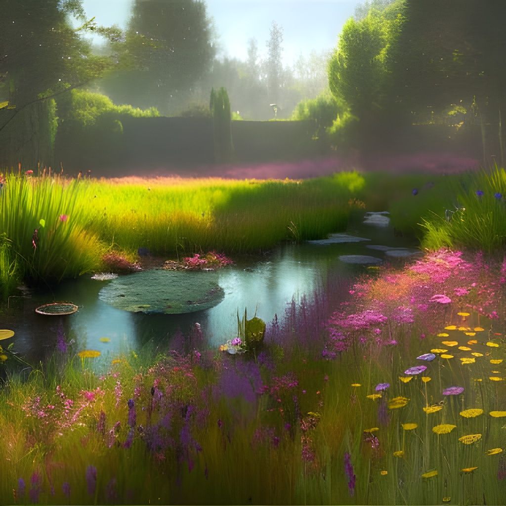 Colorful Wildflower Field Near Pond: Digital Art
