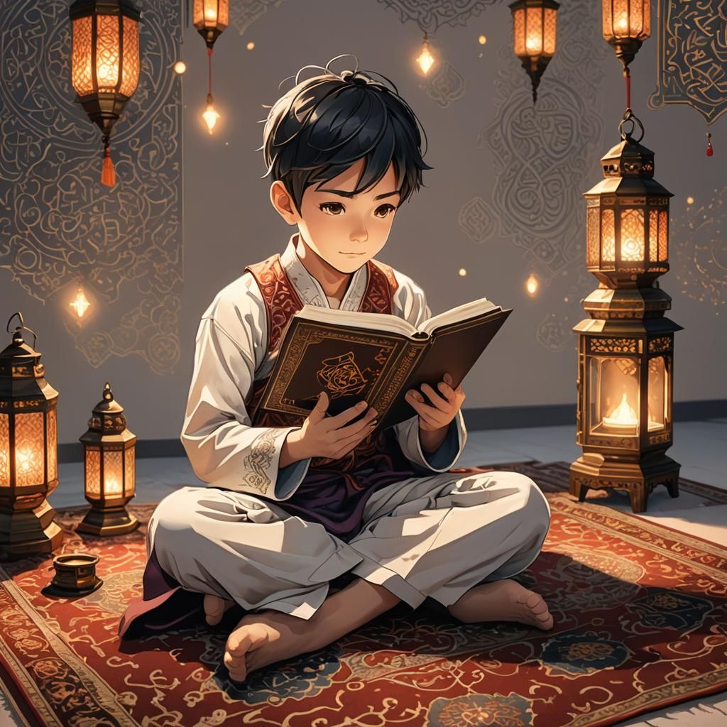 Anime Boy Reading Qur'an with Lantern Light