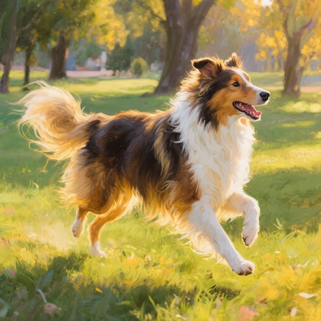 Majestic Collie Running Joyfully in Sunlit Park
